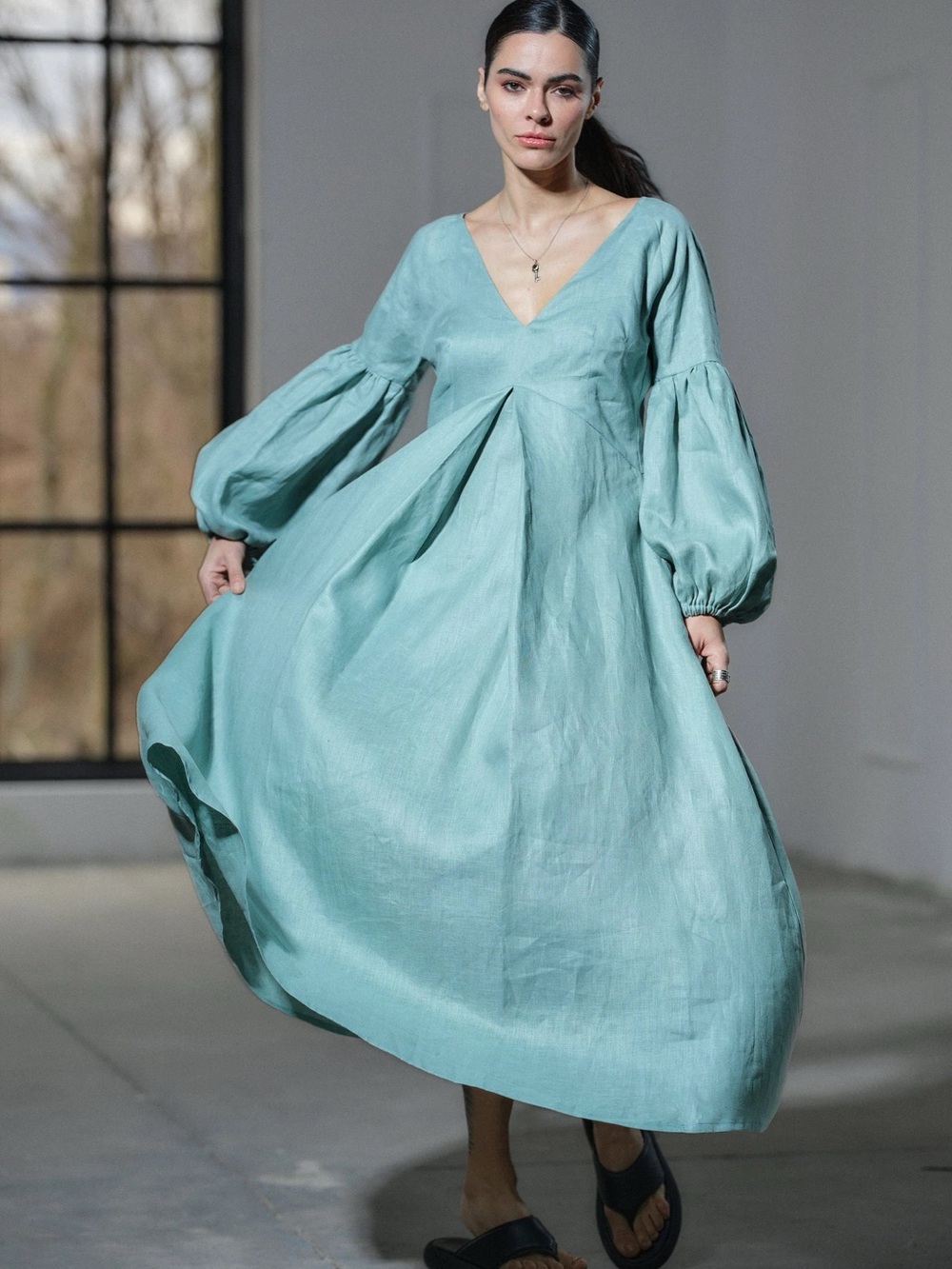 100% Linen Maxi Dress Puff-Sleeve in Seafoam SMALL NWT